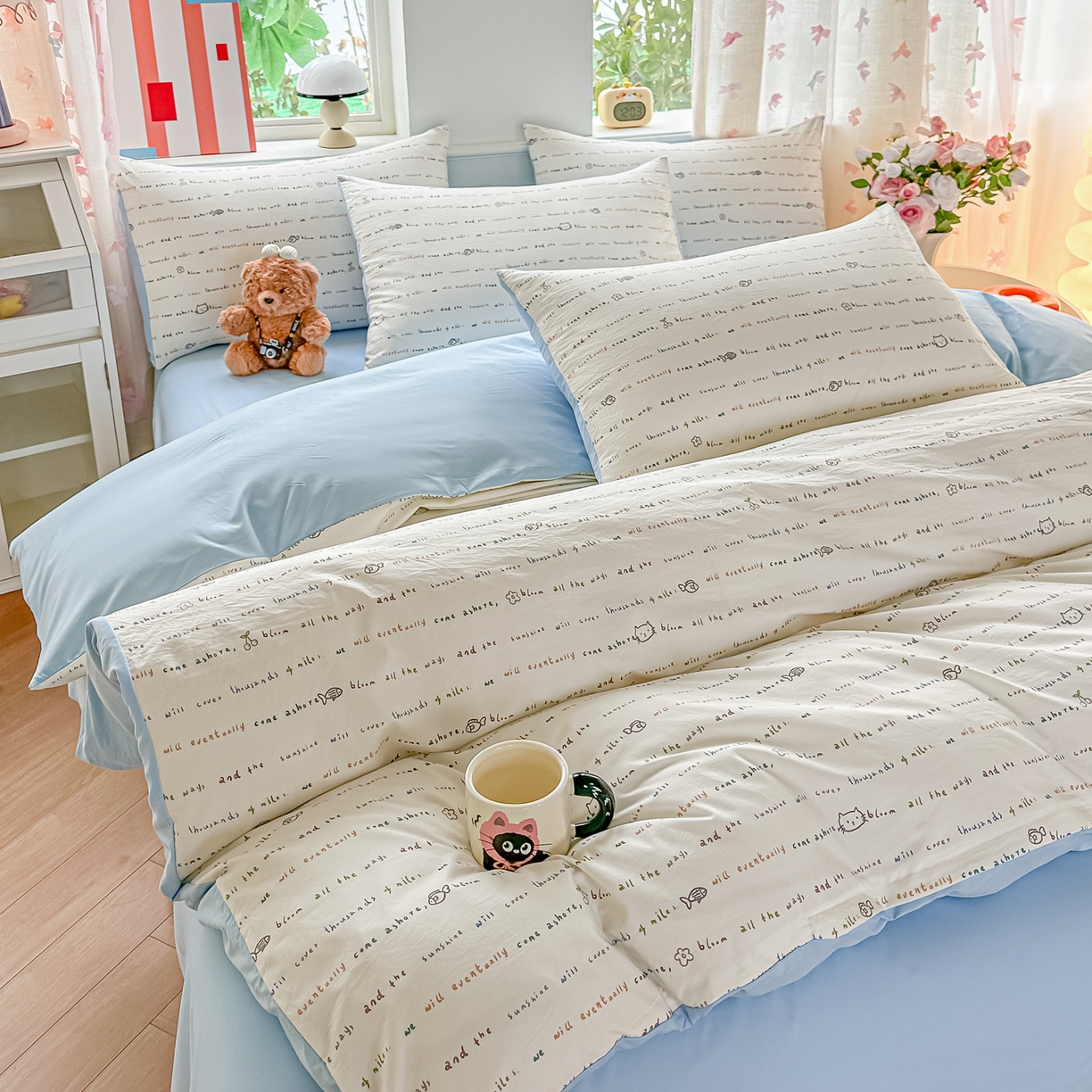 91家纺网 家纺一手货源 找家纺 斯卡诺家纺 2026新款春夏古法水洗仿棉云感纱四件套小布袋五件套 甜心喵