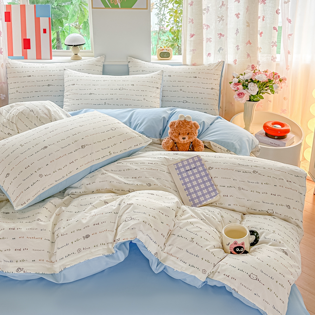 91家纺网 家纺一手货源 找家纺 斯卡诺家纺 2026新款春夏古法水洗仿棉云感纱四件套小布袋五件套 甜心喵