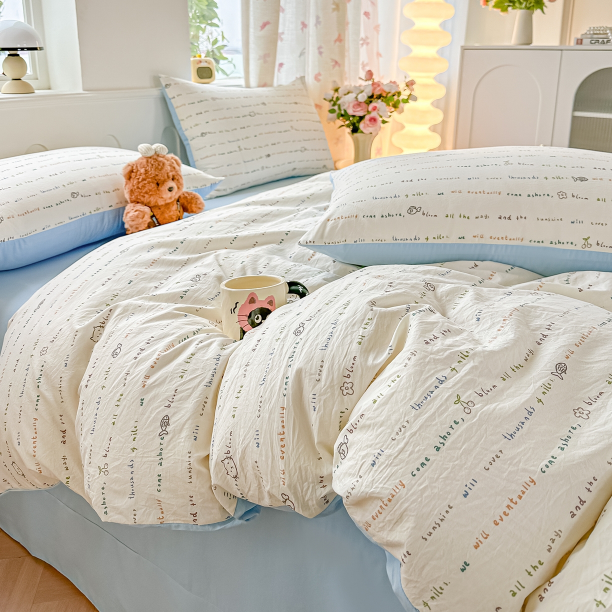 91家纺网 家纺一手货源 找家纺 斯卡诺家纺 2026新款春夏古法水洗仿棉云感纱四件套小布袋五件套 甜心喵