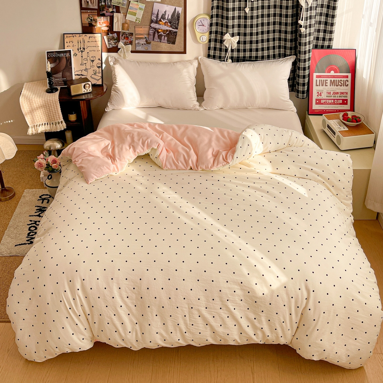 91家纺网 家纺一手货源 找家纺 赫然 2026新款水洗双层纱单品被套 波点粉