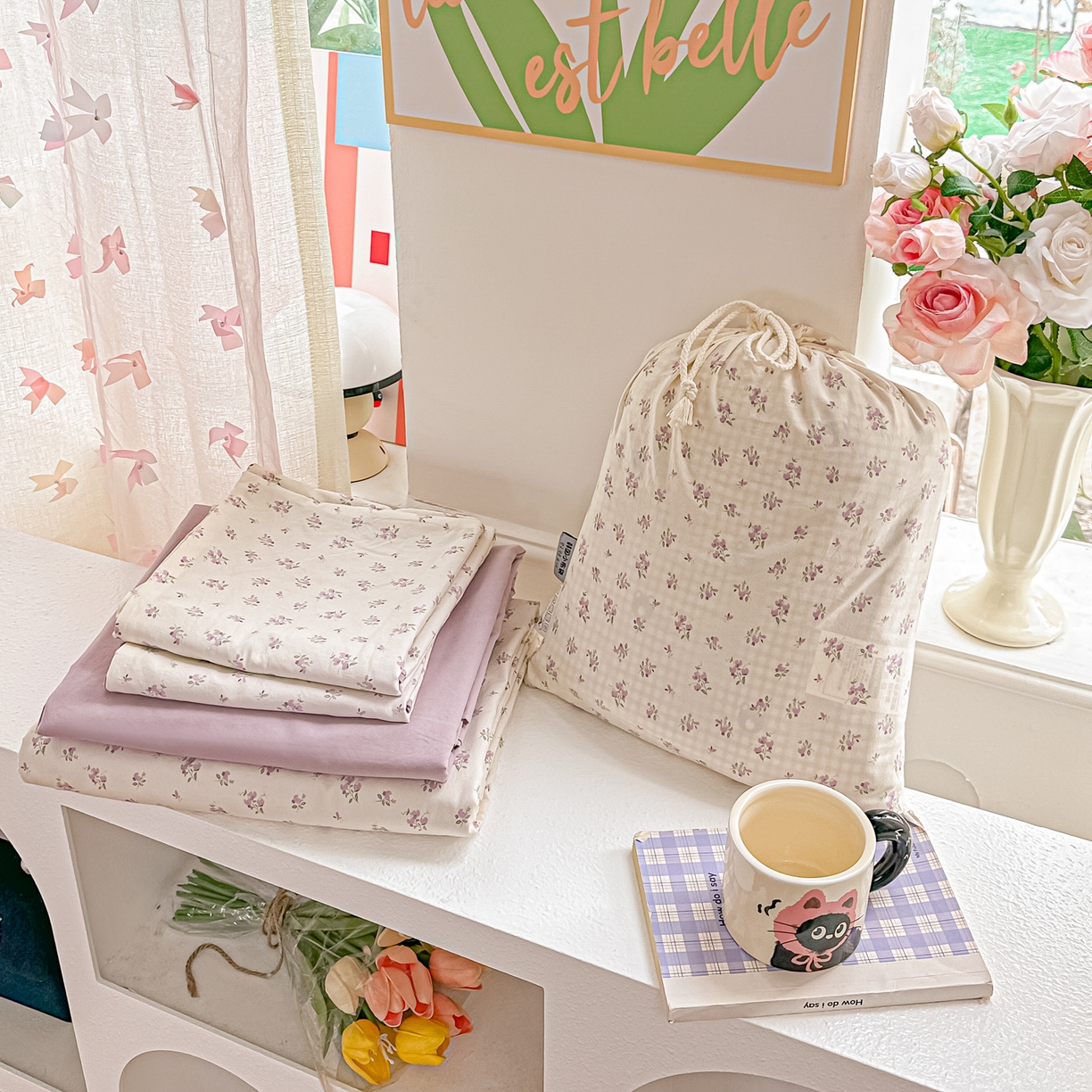 91家纺网 家纺一手货源 找家纺 斯卡诺家纺 2026新款春夏古法水洗仿棉云感纱四件套小布袋五件套 小夜曲-紫