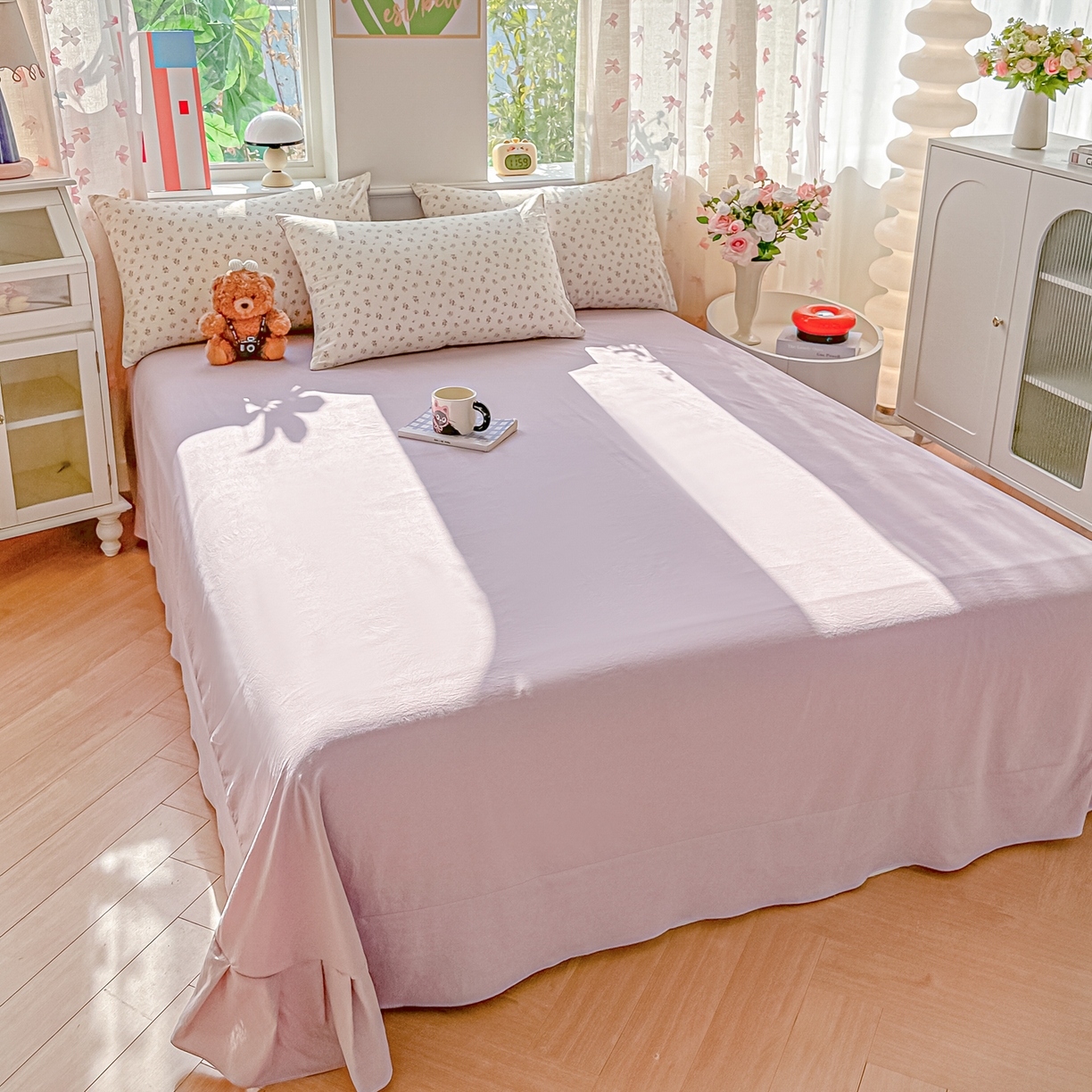 91家纺网 家纺一手货源 找家纺 斯卡诺家纺 2026新款春夏古法水洗仿棉云感纱四件套小布袋五件套 小夜曲-紫