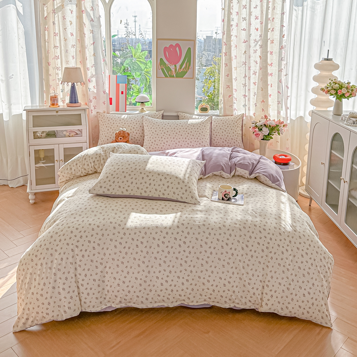 91家纺网 家纺一手货源 找家纺 斯卡诺家纺 2026新款春夏古法水洗仿棉云感纱四件套小布袋五件套 小夜曲-紫