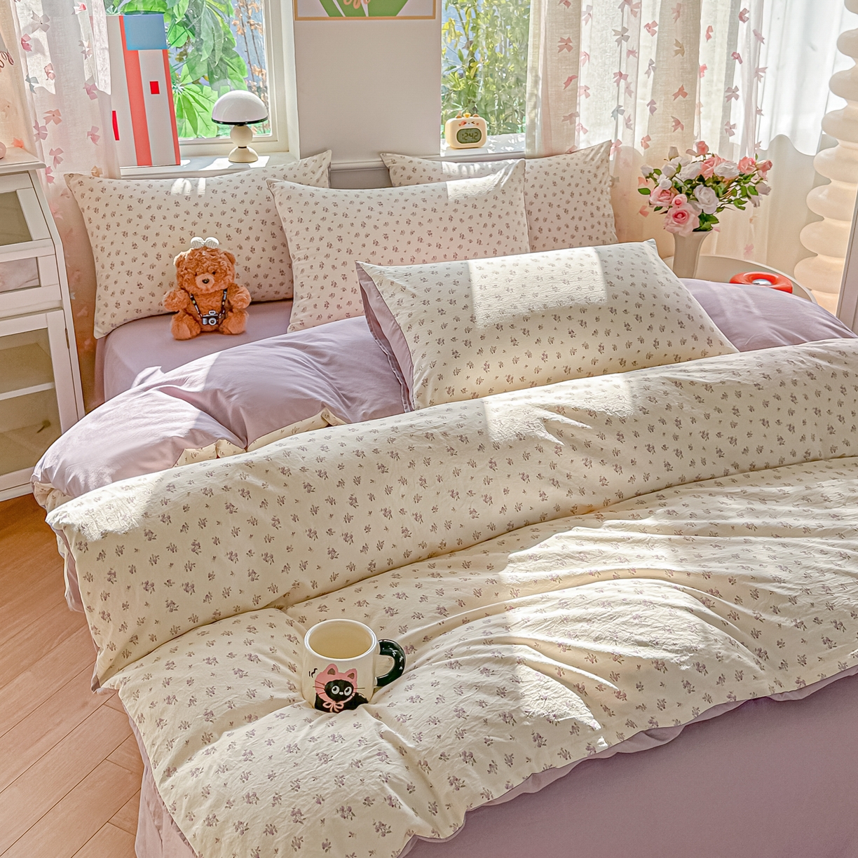 91家纺网 家纺一手货源 找家纺 斯卡诺家纺 2026新款春夏古法水洗仿棉云感纱四件套小布袋五件套 小夜曲-紫