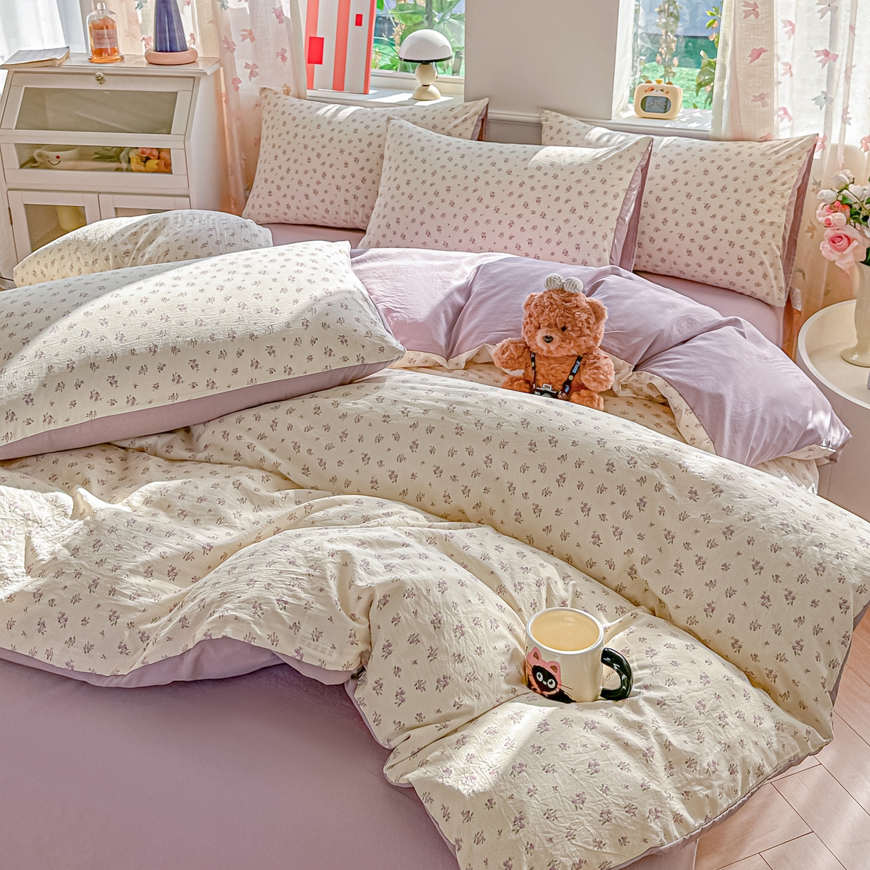 91家纺网 家纺一手货源 找家纺 斯卡诺家纺 2026新款春夏古法水洗仿棉云感纱四件套小布袋五件套 小夜曲-紫