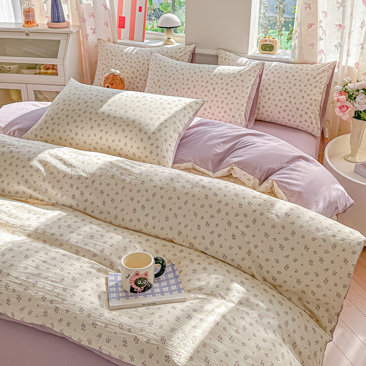 91家纺网 家纺一手货源 找家纺 斯卡诺家纺 2026新款春夏古法水洗仿棉云感纱四件套小布袋五件套 小夜曲-紫