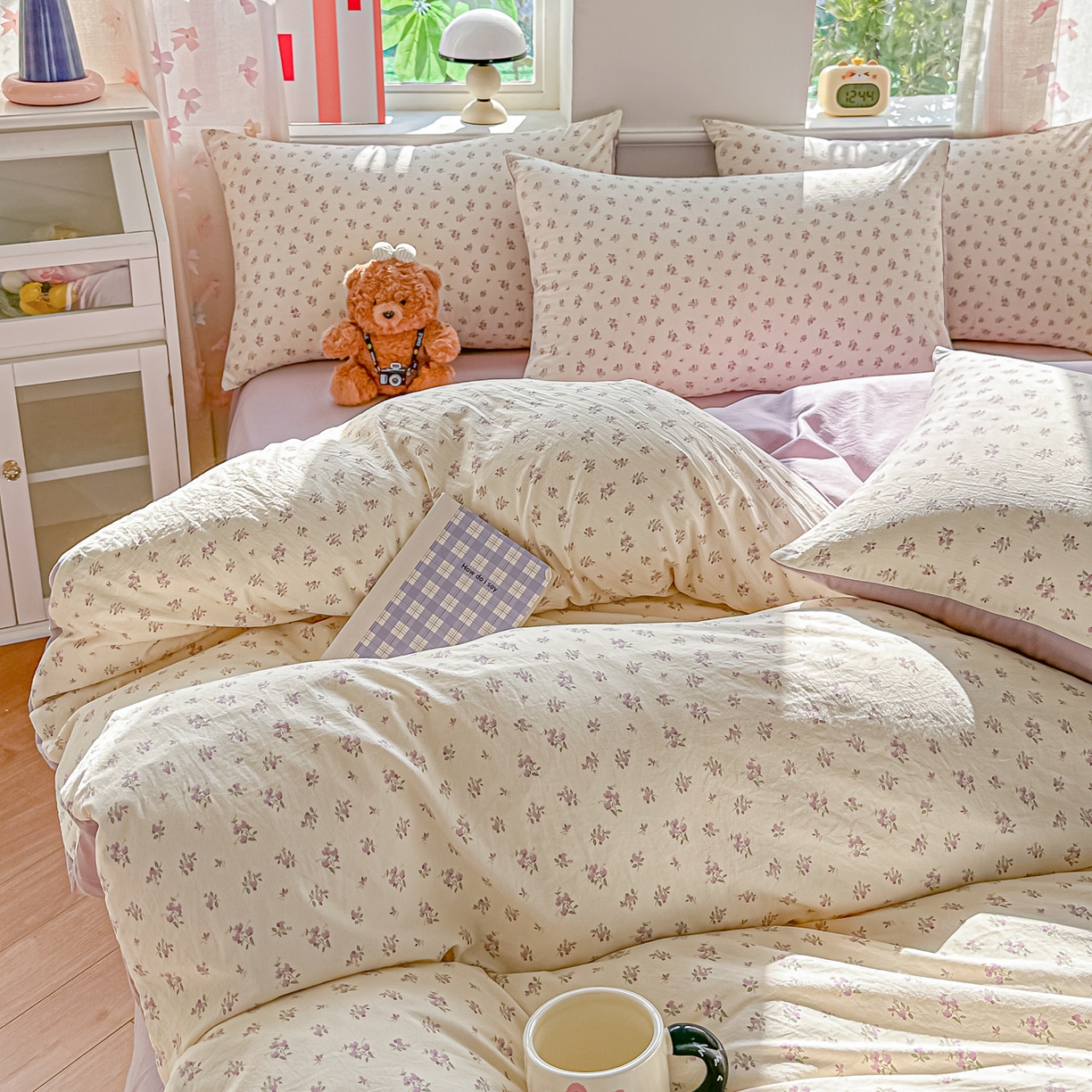 91家纺网 家纺一手货源 找家纺 斯卡诺家纺 2026新款春夏古法水洗仿棉云感纱四件套小布袋五件套 小夜曲-紫