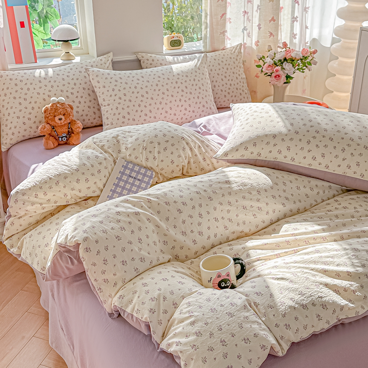 91家纺网 家纺一手货源 找家纺 斯卡诺家纺 2026新款春夏古法水洗仿棉云感纱四件套小布袋五件套 小夜曲-紫