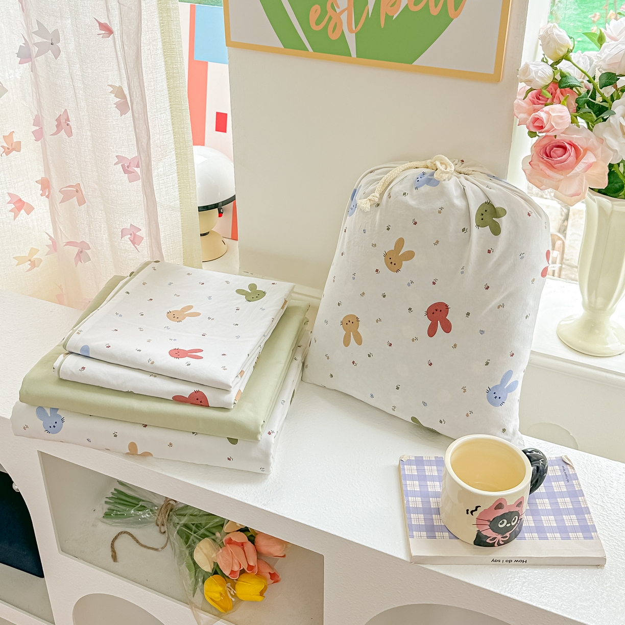 91家纺网 家纺一手货源 找家纺 利禾家纺 2026新款春夏古法水洗仿棉云感纱四件套小布袋五件套 熊布布