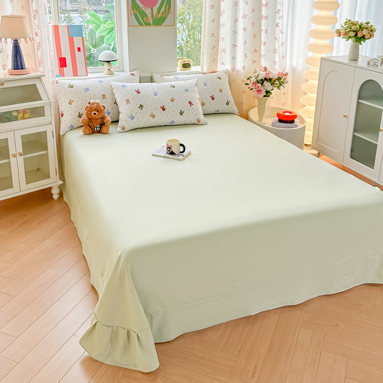 91家纺网 家纺一手货源 找家纺 利禾家纺 2026新款春夏古法水洗仿棉云感纱四件套小布袋五件套 熊布布