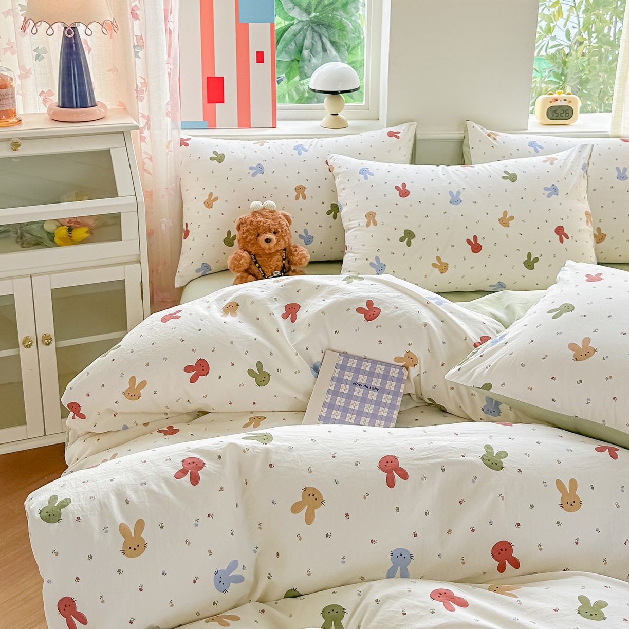 91家纺网 家纺一手货源 找家纺 利禾家纺 2026新款春夏古法水洗仿棉云感纱四件套小布袋五件套 熊布布