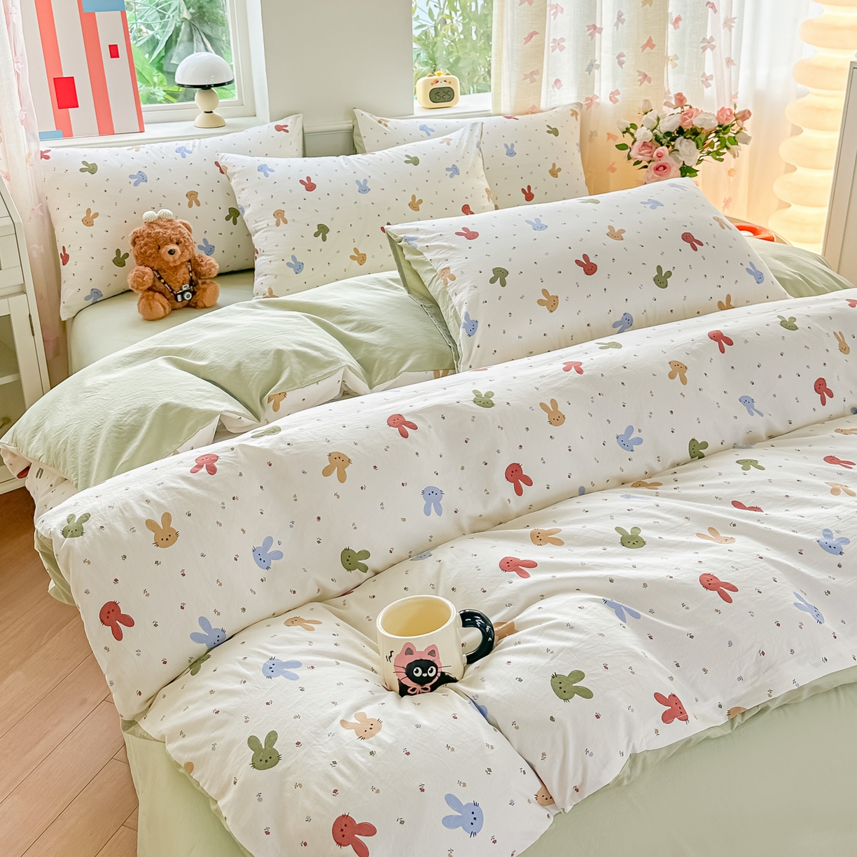 91家纺网 家纺一手货源 找家纺 利禾家纺 2026新款春夏古法水洗仿棉云感纱四件套小布袋五件套 熊布布