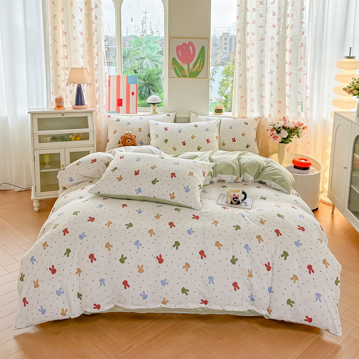 91家纺网 家纺一手货源 找家纺 利禾家纺 2026新款春夏古法水洗仿棉云感纱四件套小布袋五件套 熊布布