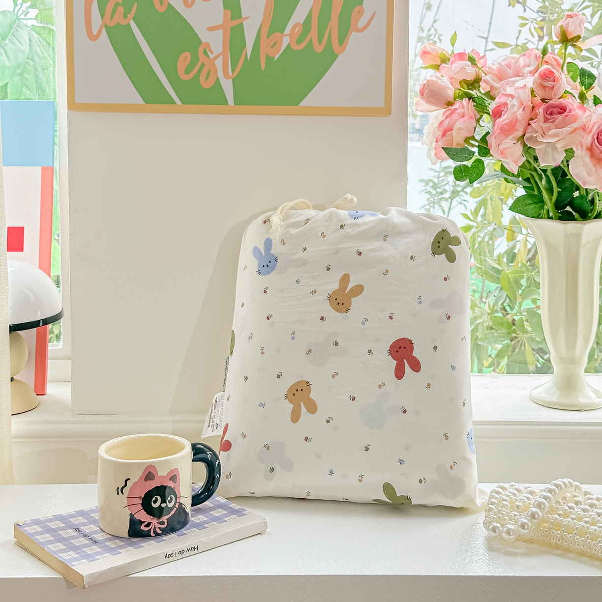 91家纺网 家纺一手货源 找家纺 利禾家纺 2026新款春夏古法水洗仿棉云感纱四件套小布袋五件套 熊布布