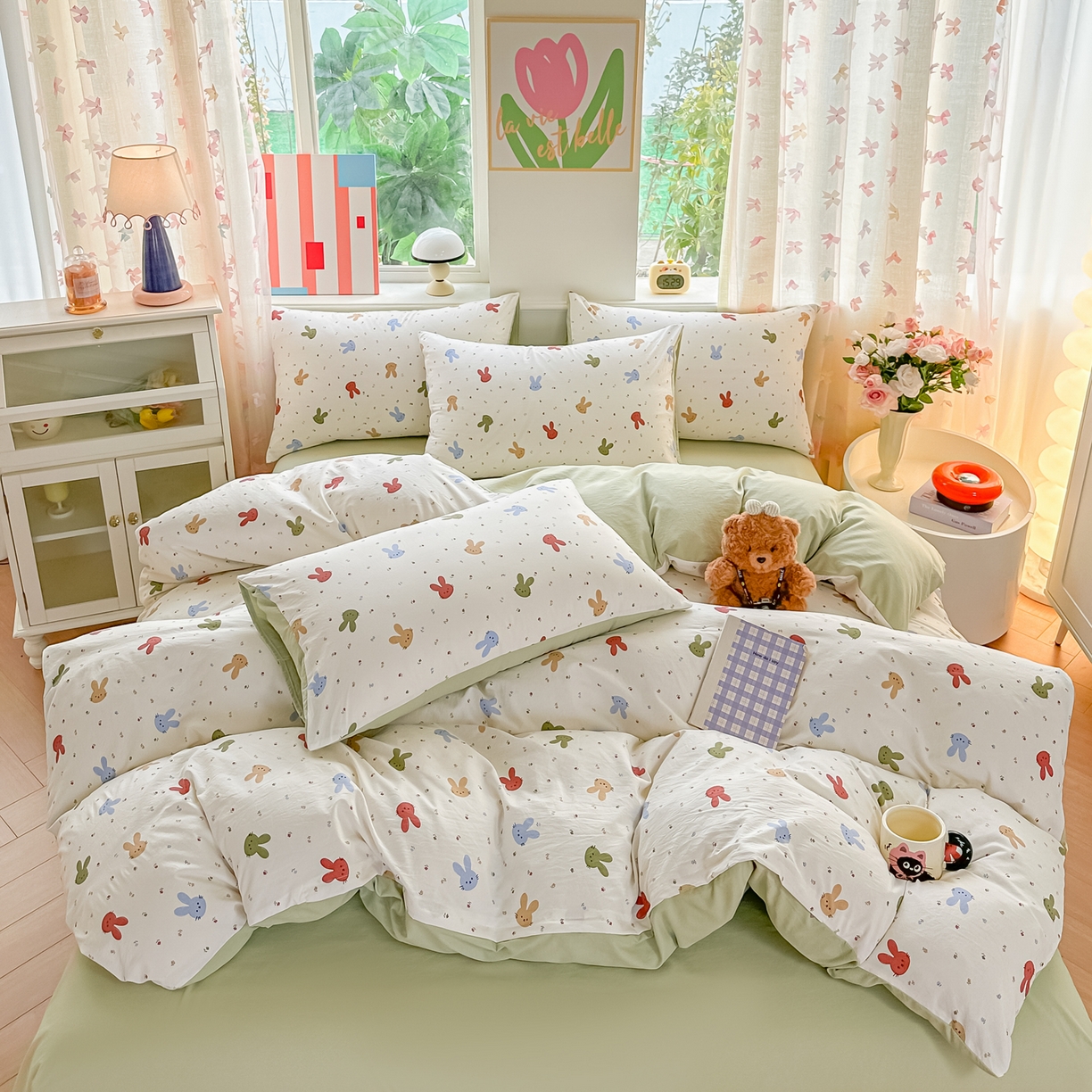 91家纺网 家纺一手货源 找家纺 利禾家纺 2026新款春夏古法水洗仿棉云感纱四件套小布袋五件套 熊布布