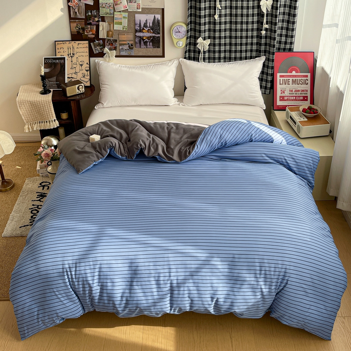  赫然 2026新款水洗双层纱单品被套 宝蓝黑条