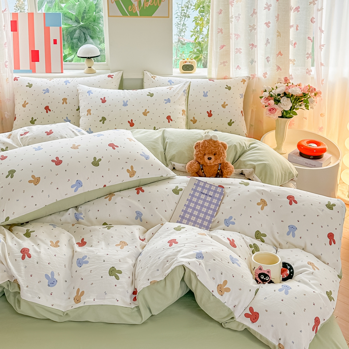 91家纺网 家纺一手货源 找家纺 利禾家纺 2026新款春夏古法水洗仿棉云感纱四件套小布袋五件套 熊布布