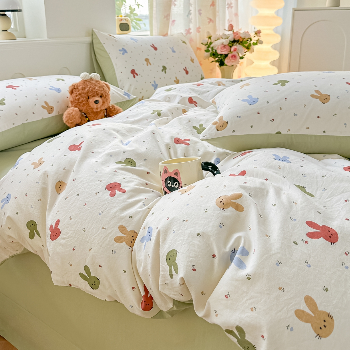 91家纺网 家纺一手货源 找家纺 利禾家纺 2026新款春夏古法水洗仿棉云感纱四件套小布袋五件套 熊布布