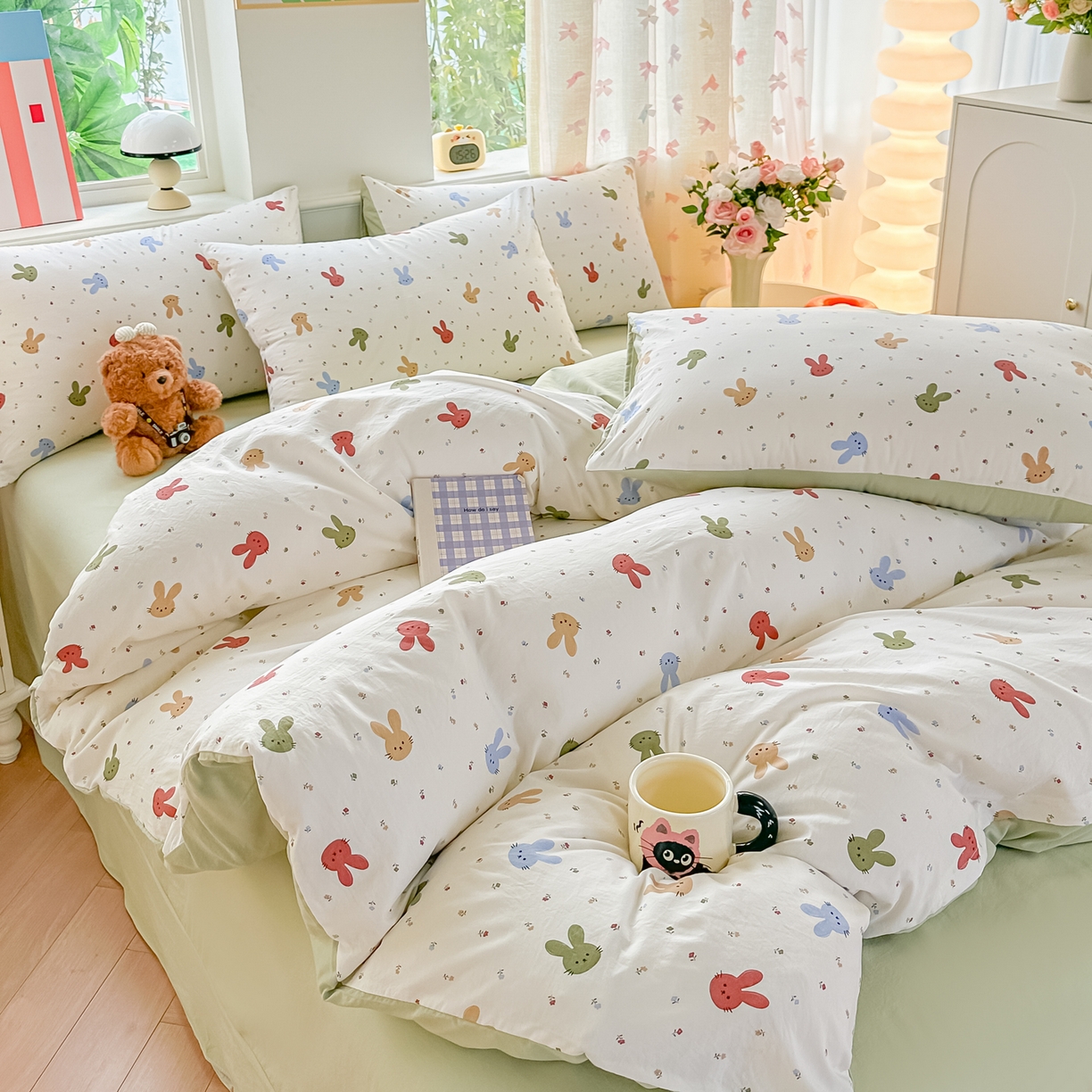 91家纺网 家纺一手货源 找家纺 利禾家纺 2026新款春夏古法水洗仿棉云感纱四件套小布袋五件套 熊布布