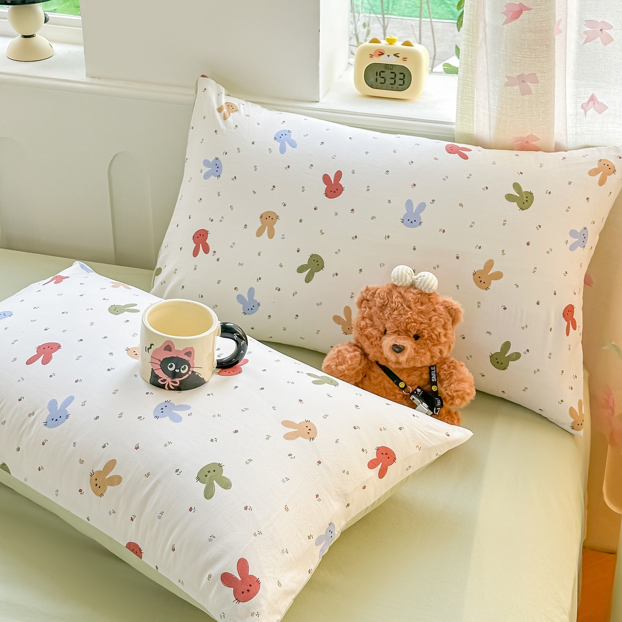 91家纺网 家纺一手货源 找家纺 利禾家纺 2026新款春夏古法水洗仿棉云感纱四件套小布袋五件套 熊布布