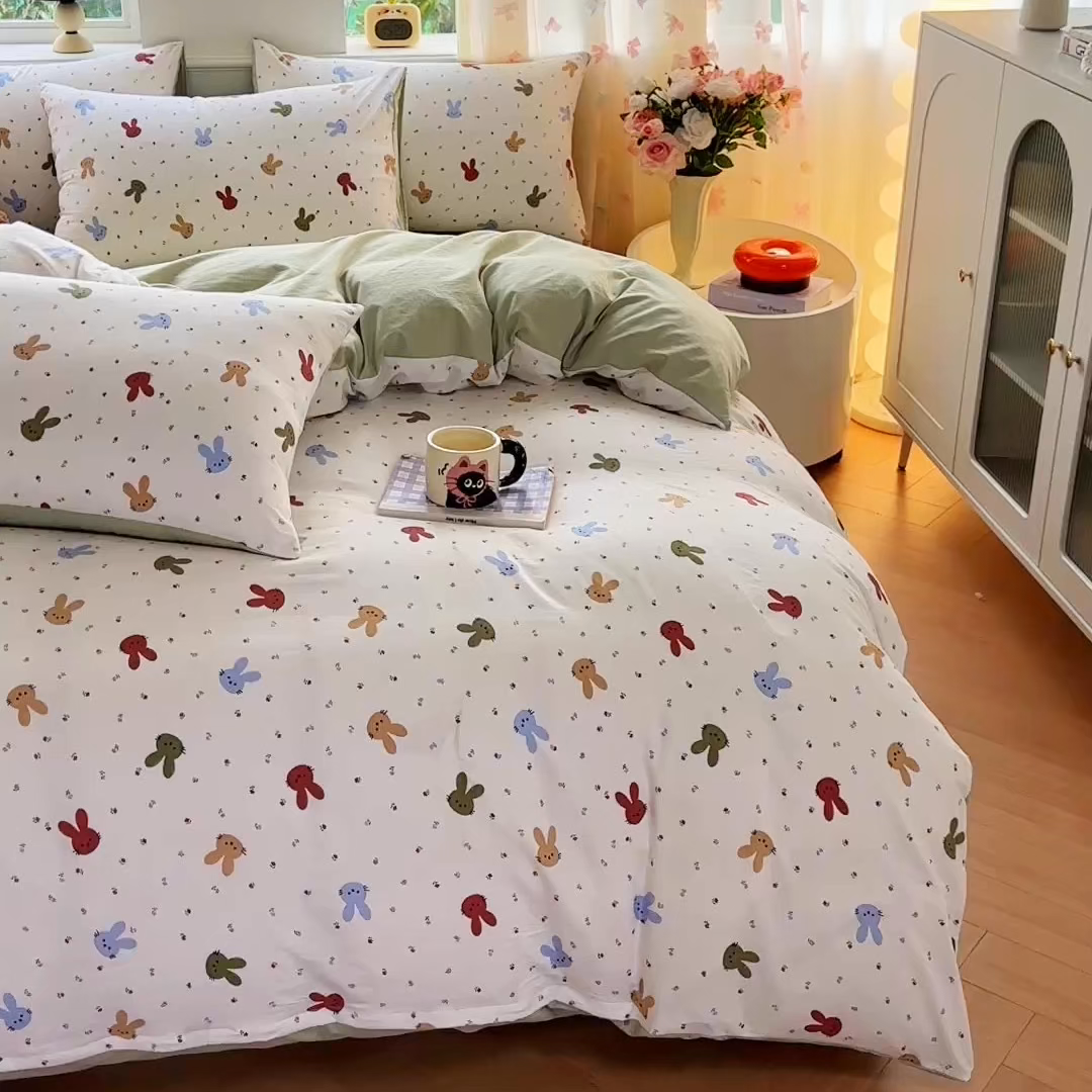 91家纺网 家纺一手货源 找家纺 利禾家纺 2026新款春夏古法水洗仿棉云感纱四件套小布袋五件套 熊布布