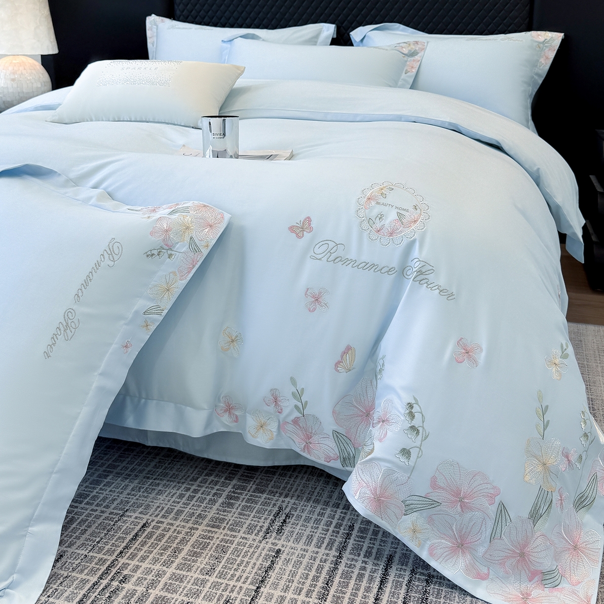 91家纺网 家纺一手货源 找家纺 家居1号家纺 2026新款长绒棉纯棉刺绣四件套-蝴蝶兰系列 蝴蝶兰-温馨蓝