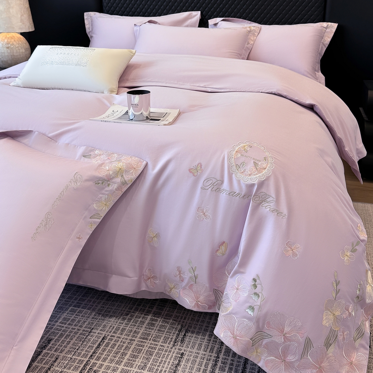 91家纺网 家纺一手货源 找家纺 家居1号家纺 2026新款长绒棉纯棉刺绣四件套-蝴蝶兰系列 蝴蝶兰-香芋紫