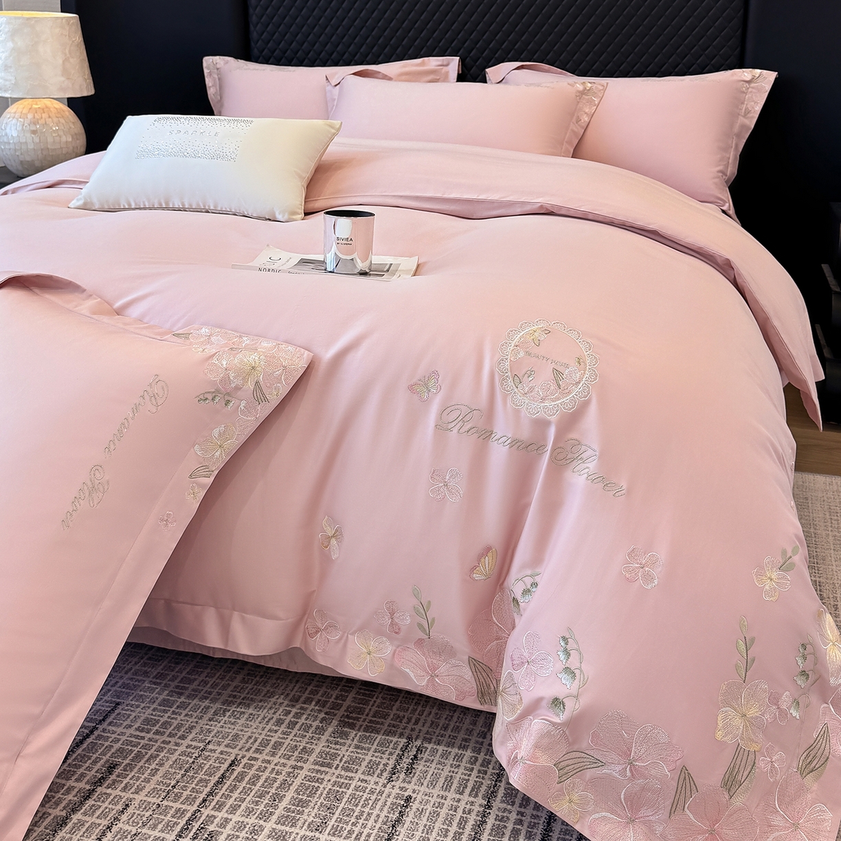 91家纺网 家纺一手货源 找家纺 家居1号家纺 2026新款长绒棉纯棉刺绣四件套-蝴蝶兰系列 蝴蝶兰-桃花粉