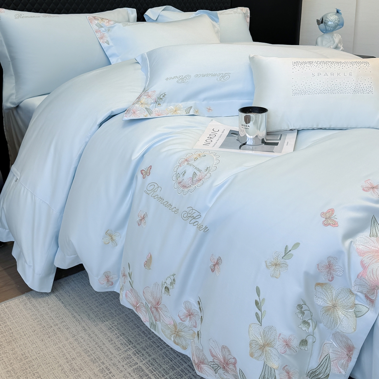 91家纺网 家纺一手货源 找家纺 家居1号家纺 2026新款长绒棉纯棉刺绣四件套-蝴蝶兰系列 蝴蝶兰-温馨蓝