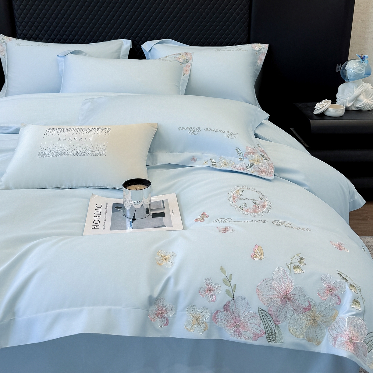 91家纺网 家纺一手货源 找家纺 家居1号家纺 2026新款长绒棉纯棉刺绣四件套-蝴蝶兰系列 蝴蝶兰-温馨蓝