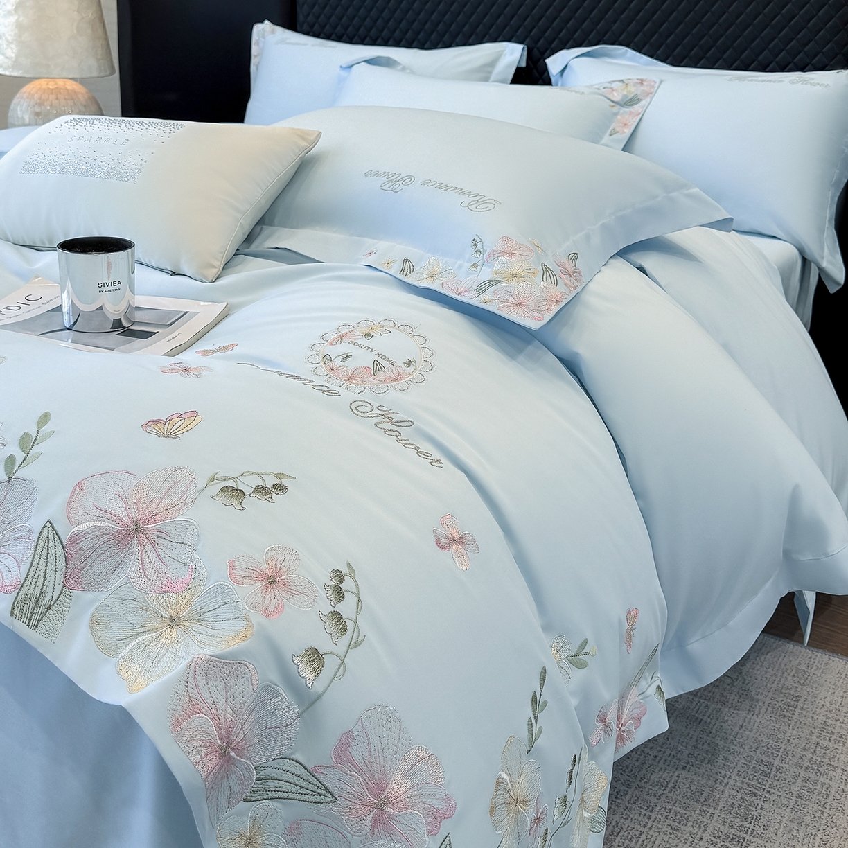 91家纺网 家纺一手货源 找家纺 家居1号家纺 2026新款长绒棉纯棉刺绣四件套-蝴蝶兰系列 蝴蝶兰-温馨蓝