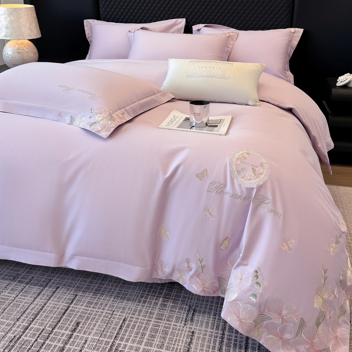 91家纺网 家纺一手货源 找家纺 家居1号家纺 2026新款长绒棉纯棉刺绣四件套-蝴蝶兰系列 蝴蝶兰-香芋紫