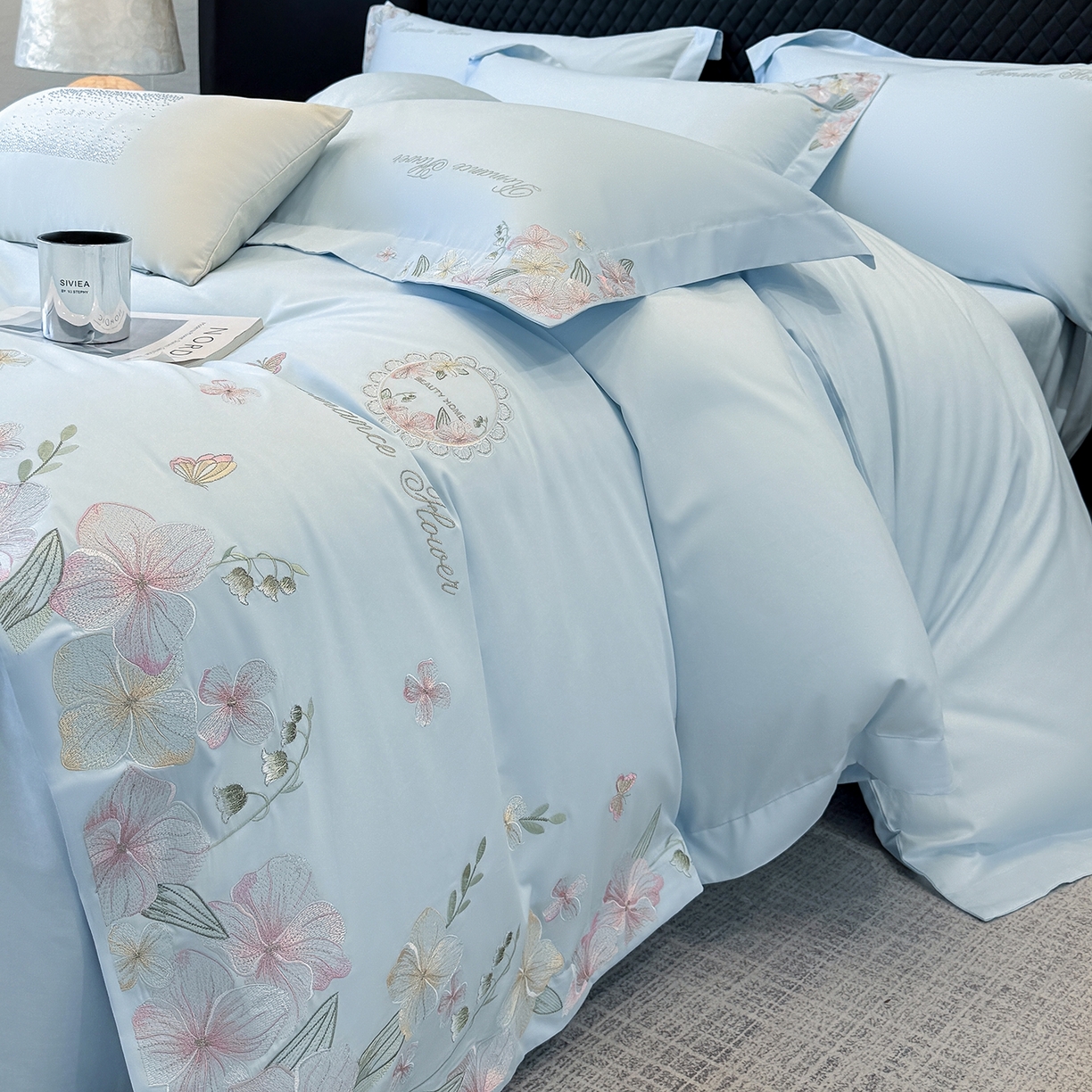 91家纺网 家纺一手货源 找家纺 家居1号家纺 2026新款长绒棉纯棉刺绣四件套-蝴蝶兰系列 蝴蝶兰-温馨蓝