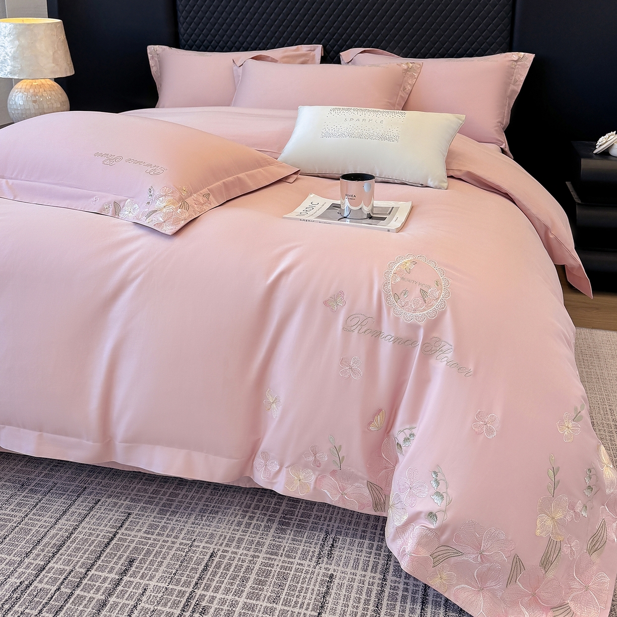 91家纺网 家纺一手货源 找家纺 家居1号家纺 2026新款长绒棉纯棉刺绣四件套-蝴蝶兰系列 蝴蝶兰-桃花粉