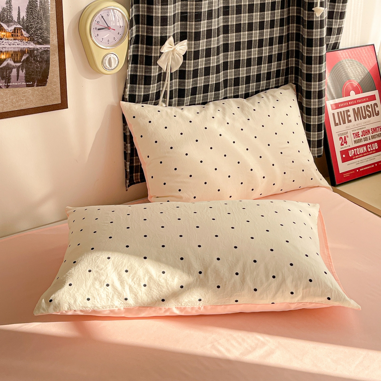 91家纺网 家纺一手货源 找家纺 赫然 2026新款A类针织水洗双层纱单枕套 波点粉