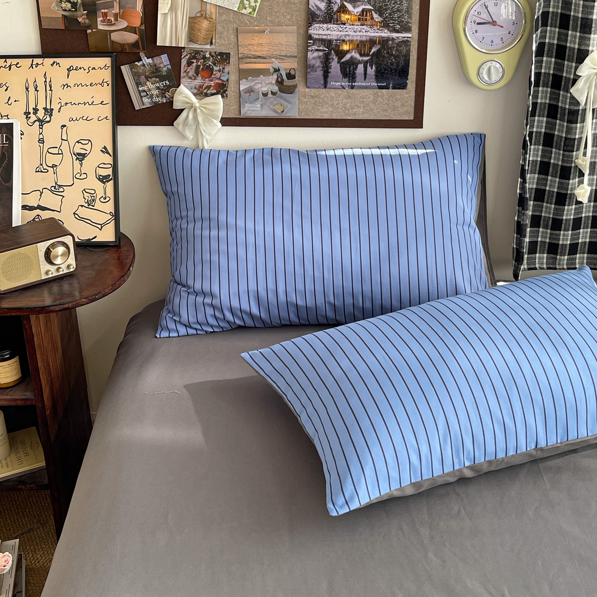 91家纺网 家纺一手货源 找家纺 赫然 2026新款A类针织水洗双层纱单枕套 宝蓝黑条