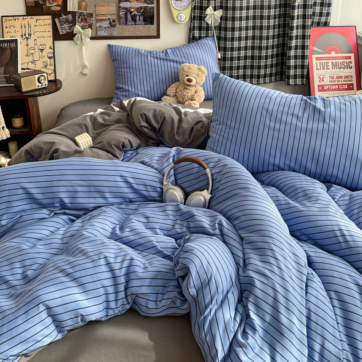 91家纺网 家纺一手货源 找家纺 赫然 2026新款A类针织水洗双层纱单枕套 宝蓝黑条