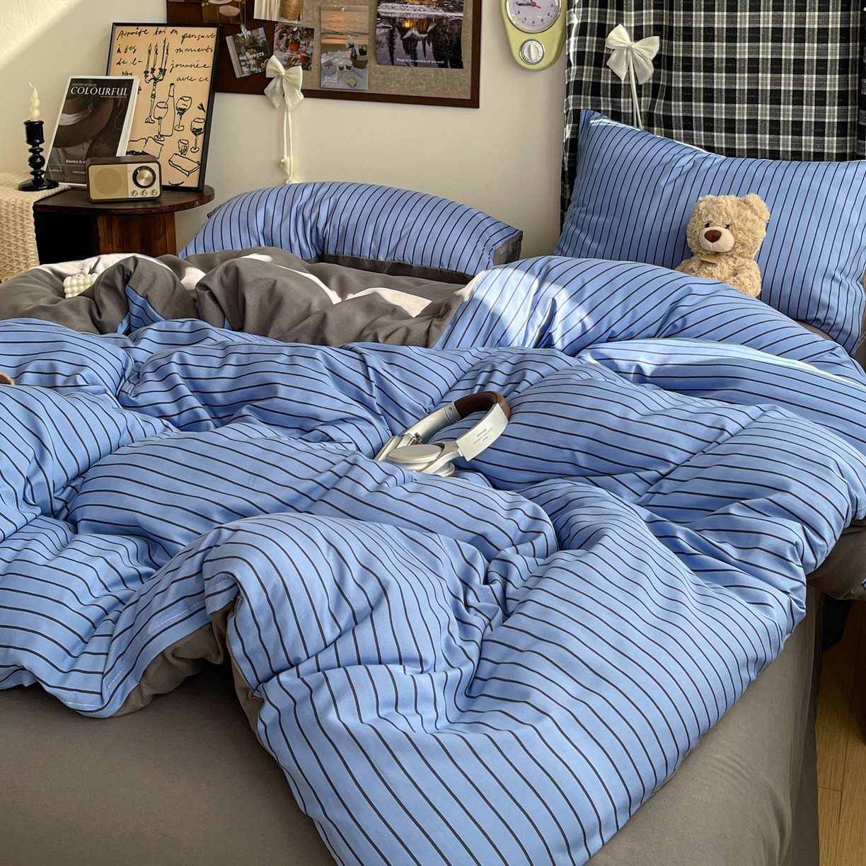 91家纺网 家纺一手货源 找家纺 赫然 2026新款A类针织水洗双层纱单枕套 宝蓝黑条