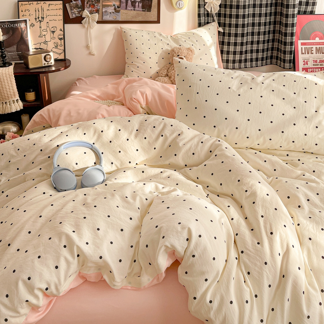 91家纺网 家纺一手货源 找家纺 赫然 2026新款A类针织水洗双层纱单枕套 波点粉