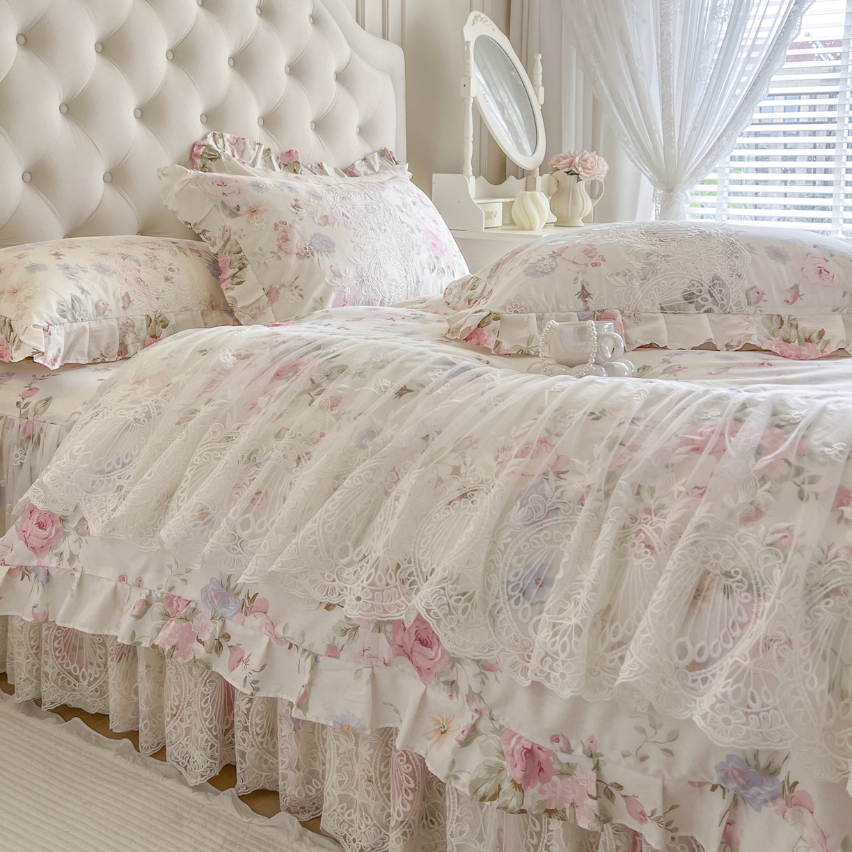 91家纺网 家纺一手货源 找家纺 恋尚 2026新款全棉印花床笠式床裙（控价135起） 粉黛