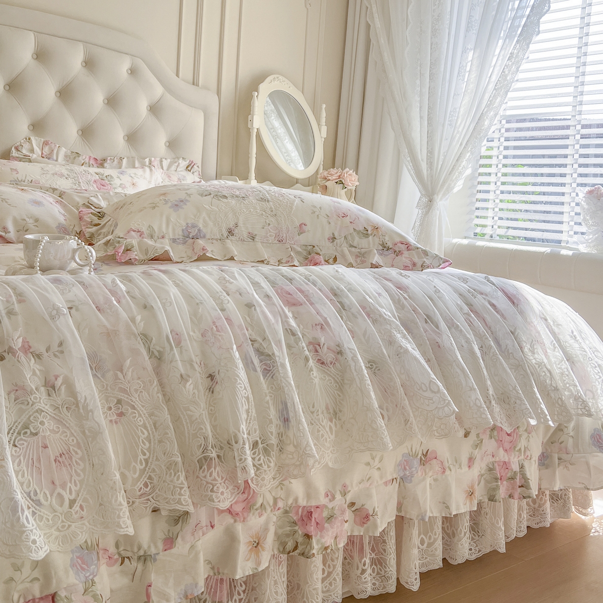 91家纺网 家纺一手货源 找家纺 恋尚 2026新款全棉印花床笠式床裙（控价135起） 粉黛