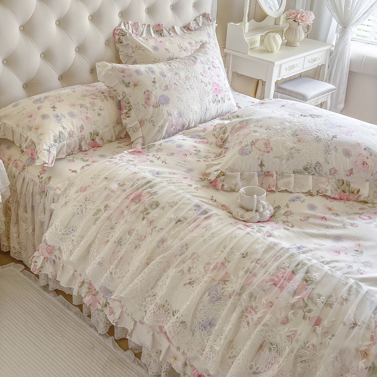 91家纺网 家纺一手货源 找家纺 恋尚 2026新款全棉印花床笠式床裙（控价135起） 粉黛