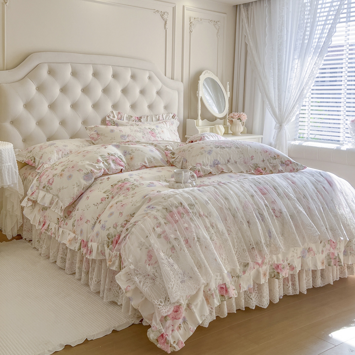 91家纺网 家纺一手货源 找家纺 恋尚 2026新款全棉印花床笠式裙四件套（控价268/278/288/298/288/298/308) 粉黛