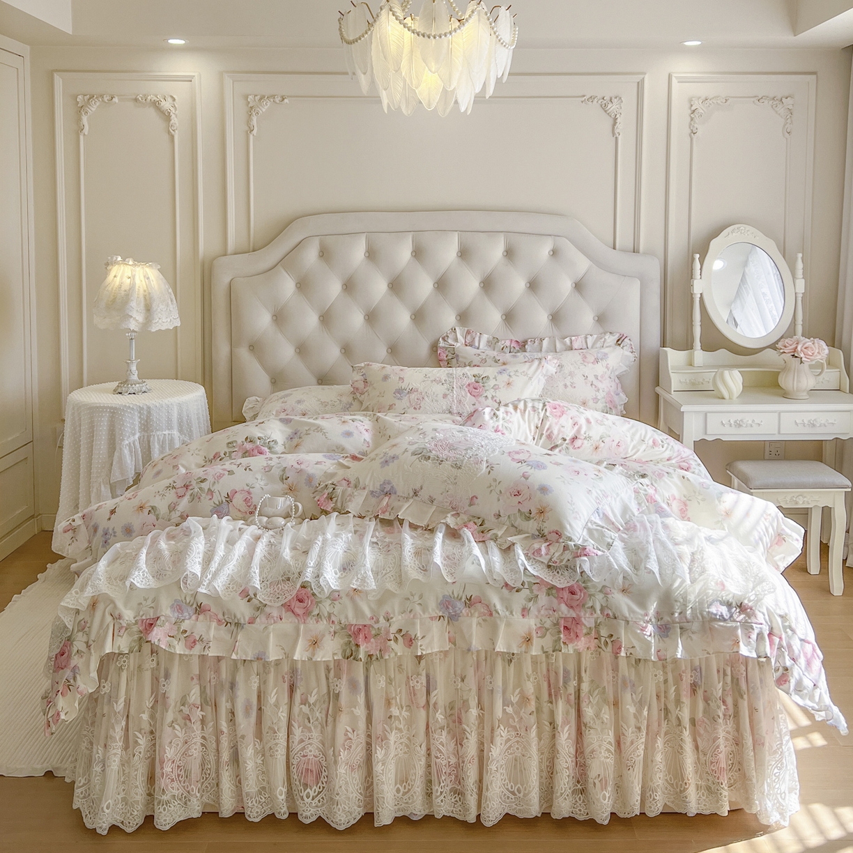 恋尚 2026新款全棉印花床笠式裙四件套（控价268/278/288/298/288/298/308) 粉黛