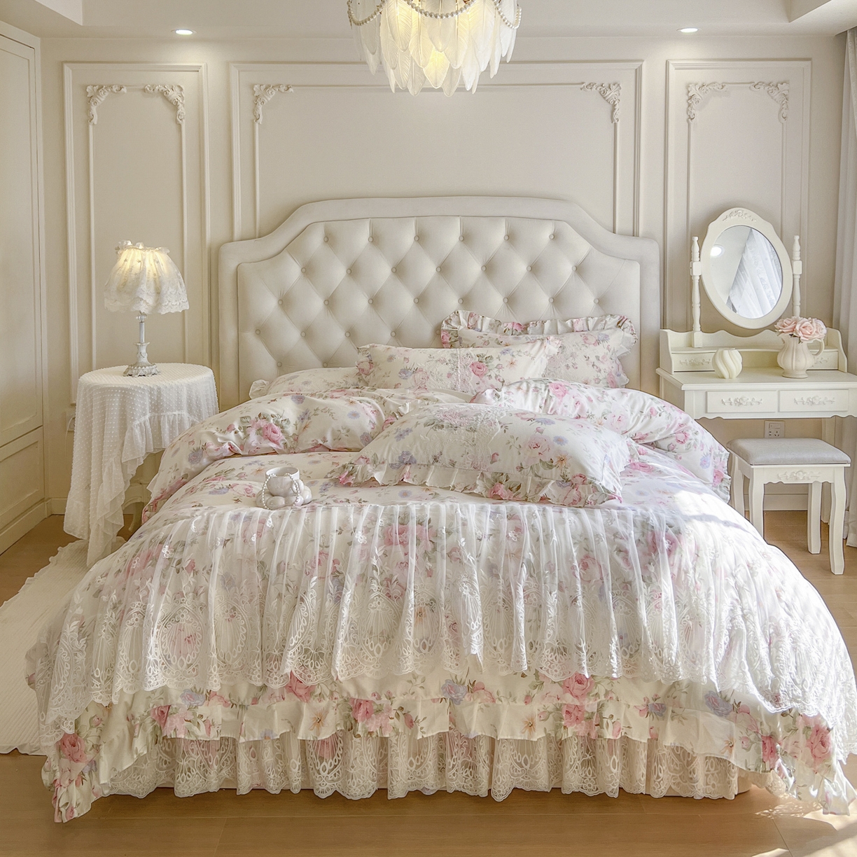 91家纺网 家纺一手货源 找家纺 恋尚 2026新款全棉印花床笠式裙四件套（控价268/278/288/298/288/298/308) 粉黛