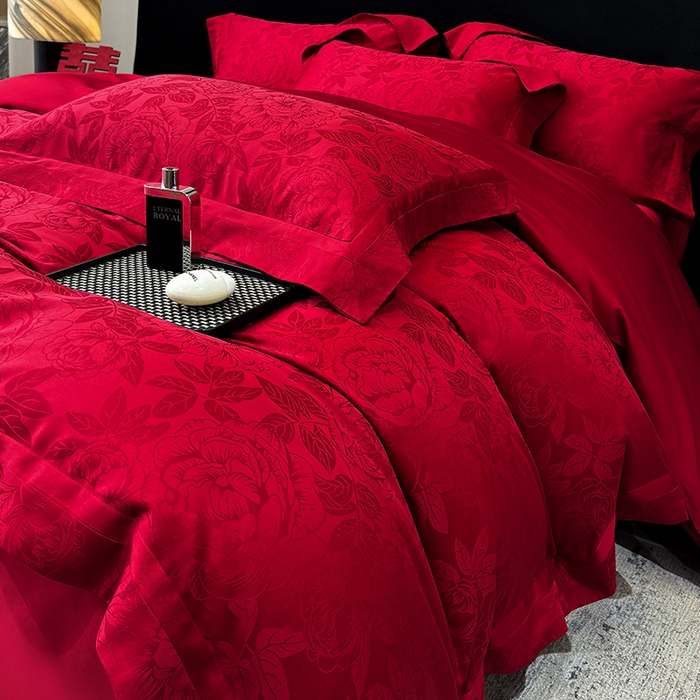 91家纺网 家纺一手货源 找家纺 （总）家居1号家纺 2026新款60支长绒棉纯棉提花婚庆四件套-花开富贵玫瑰红