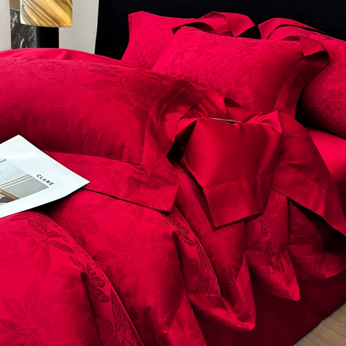 91家纺网 家纺一手货源 找家纺 （总）家居1号家纺 2026新款60支长绒棉纯棉提花婚庆四件套-花开富贵玫瑰红