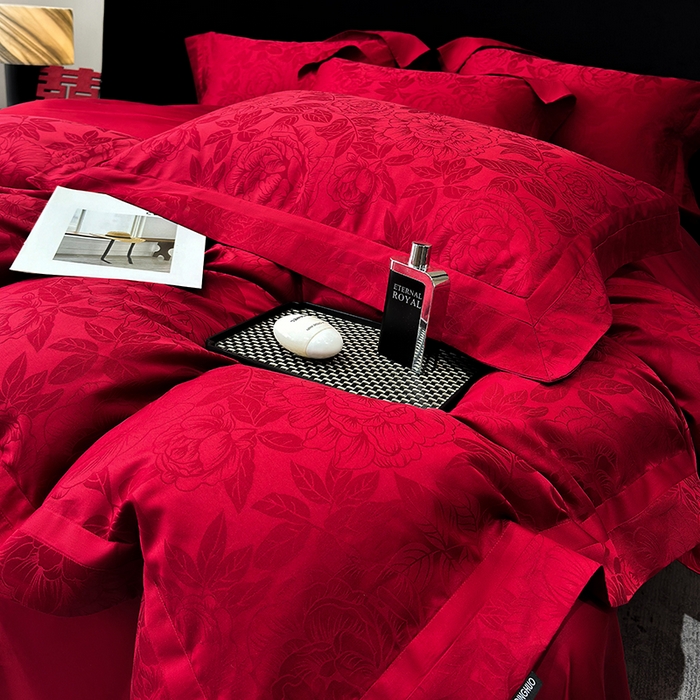 91家纺网 家纺一手货源 找家纺 （总）家居1号家纺 2026新款60支长绒棉纯棉提花婚庆四件套-花开富贵玫瑰红
