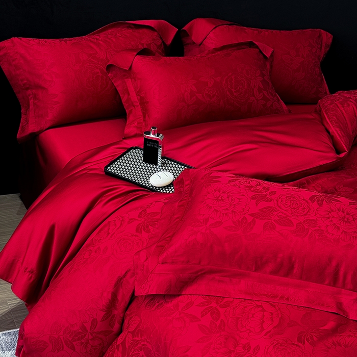 91家纺网 家纺一手货源 找家纺 （总）家居1号家纺 2026新款60支长绒棉纯棉提花婚庆四件套-花开富贵玫瑰红