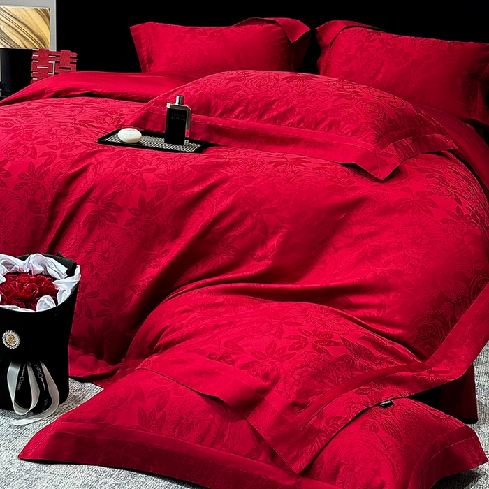 91家纺网 家纺一手货源 找家纺 （总）家居1号家纺 2026新款60支长绒棉纯棉提花婚庆四件套-花开富贵玫瑰红